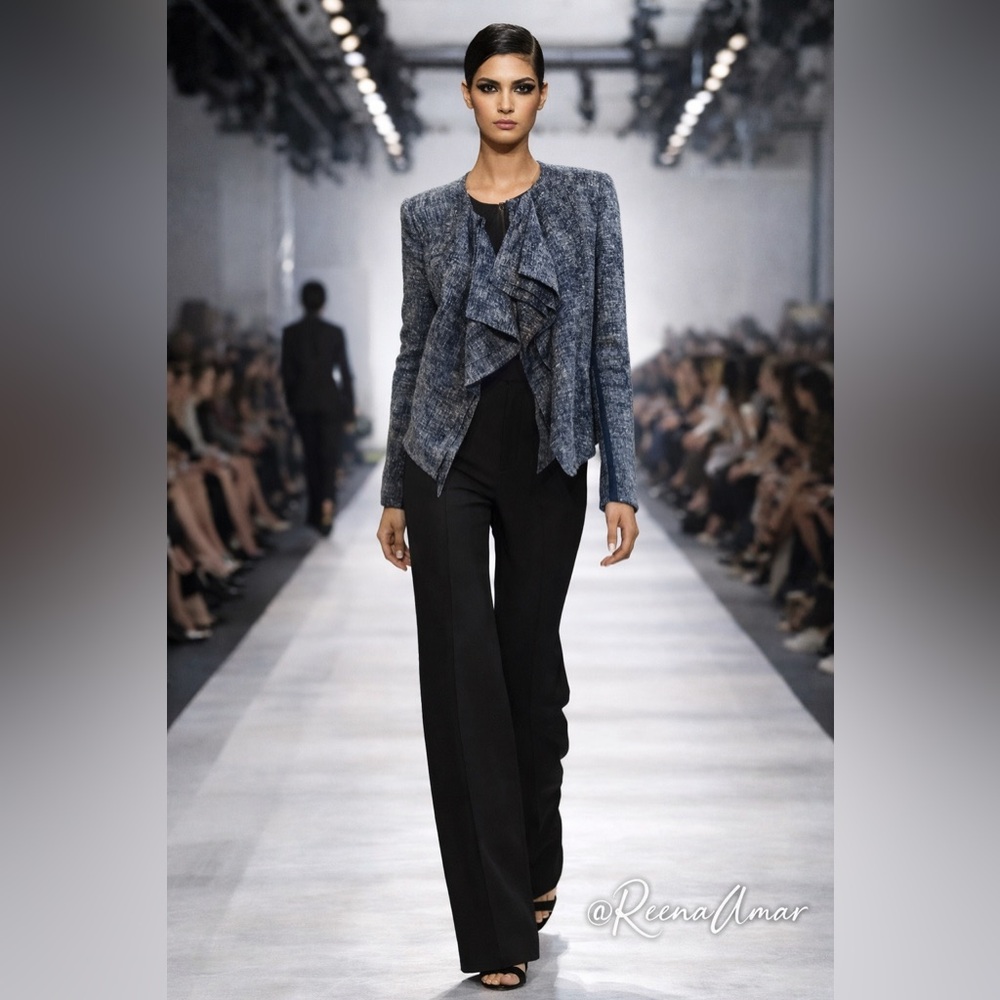 BCBGMAXAZRIA “Eden” Blue Open-Front Ruffled Jacket